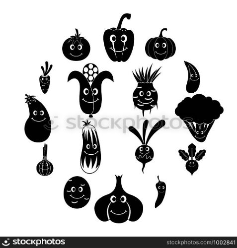 Smiling vegetables icons set. Simple illustration of 16 smiling vegetables vector icons for web. Smiling vegetables icons set, simple style