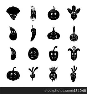 Smiling vegetables icons set. Simple illustration of 16 smiling vegetables vector icons for web. Smiling vegetables icons set, simple style