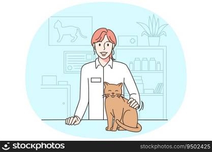 Smiling vet doctor with cat in clinic. Happy female veterinarian caressing pet in hospital. Good quality medical service for pets. Vector illustration.. Smiling vet doctor with pet