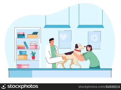 Smiling vet examining cute dog in veterinary clinic. Cartoon veterinarian surgeon treating pet in medical health center for domestic animals flat vector illustration. Pets healthcare service concept