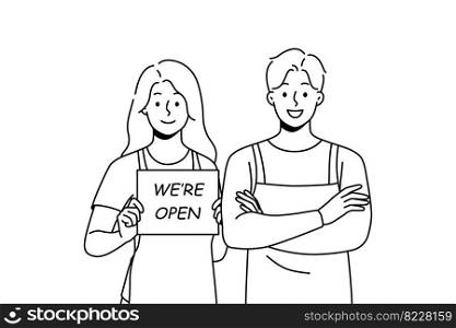 Smiling waiters in aprons hold open sign. Happy man and woman cafe staff notify about shop opening. Vector illustration. . Smiling cafe staff notify about opening