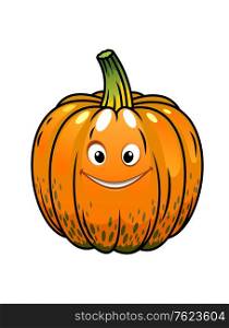 Smiling whole fresh orange cartoon Halloween fall pumpkin with a cute grin isolated on white