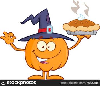 Smiling Witch Pumpkin Cartoon Character Holding Up A Pie