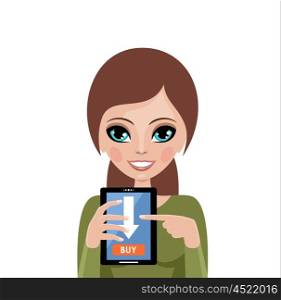 Smiling woman advertizes mobile payment. Online shopping. Vector