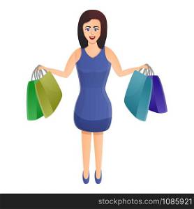Smiling woman after shopping icon. Cartoon of smiling woman after shopping vector icon for web design isolated on white background. Smiling woman after shopping icon, cartoon style