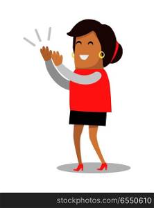 Smiling woman applauds. Cheerful cartoon woman character claps hands flat vector illustration isolated on white background. Good job and success concept. Woman enjoying concert. Human positive emotion. Smiling Woman Applauds Flat Vector Illustration