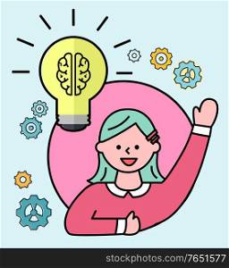 Smiling woman cartoon character with raising hand creative ideas. Avatar of female in round shape with setting symbols and light bulb icon on blue. Card people brainstorming innovation vector. Female Avatar and Light Bulb, Creative Idea Vector