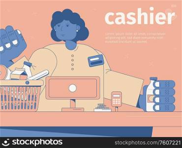 Smiling woman cashier at cash desk in supermarket flat vector illustration