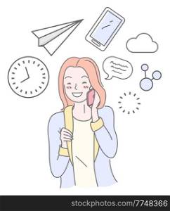 Smiling woman character holding phone device and talking. Pretty positive girl wearing casual clothes on white background. Happy lady with smartphone, sign plane, clock and cloud over the girl s head. Smiling woman character holding phone device and talking. Pretty positive girl wearing casual clothe