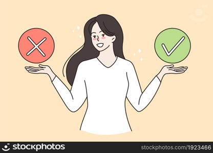 Smiling woman choose among yes or no answer. Happy female make choice or decision with positive negative checkmark. Voting, feedback, customer survey concept. Vector illustration. . Smiling woman hold yes and no checkmarks