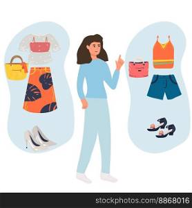 Smiling woman choosing what clothes for wearing vector flat illustration. Happy modern female making choice between casual clothing stylish outfit isolated. Daily decision outerwear. Smiling woman choosing what clothes for wearing vector flat illustration. Happy modern female making choice between casual clothing stylish outfit isolated. Daily decision outerwear,