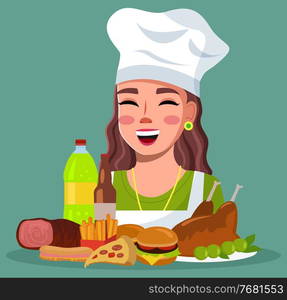 Smiling woman cook with unhealthy high-calories delicious food. Cheerful girl wearing cook hat with meat, sandwich, pizza, hamburgers, fried chicken, sweet sparkling water, beer bottle, french fries. Smiling woman cook with unhealthy high-calories delicious food, fast food, street fat food