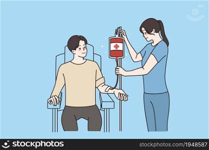 Smiling woman doctor control kind woman donor donate blood to people in need. Female nurse help volunteer with plasma donation in hospital or clinic. Healthcare concept. Vector illustration.. Female doctor help donor with blood donation in clinic