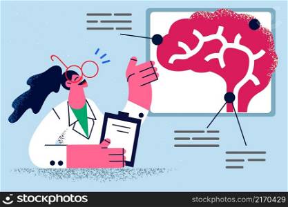 Smiling woman doctor in uniform talk present about brain activities. Happy successful female neurologist make presentation on mind disease. Healthcare and medicine. Flat vector illustration. . Smiling female neurologist make presentation about brain