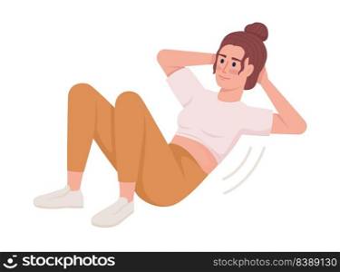 Smiling woman doing abdominal crunches semi flat color vector character. Editable figure. Full body person on white. Simple cartoon style illustration for web graphic design and animation. Smiling woman doing abdominal crunches semi flat color vector character