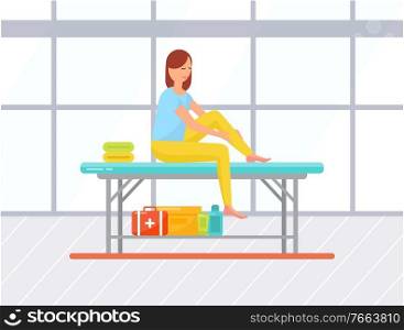Smiling woman doing leg self-massage, beauty salon. Female character sitting on table with towel and cosmetics box, medical care, body procedure vector. Female Self-massage, Procedure for Leg Vector