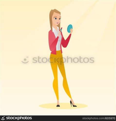 Smiling woman doing makeup and looking in hand-mirror. Woman rouge lips with red color lipstick. Young woman paints her lips. Woman applying lips makeup. Vector flat design illustration. Square layout. Woman rouge lips with red color lipstick.