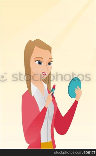 Smiling woman doing makeup and looking in hand-mirror. Woman rouge lips with red color lipstick. Young woman paints lips. Woman applying lips makeup. Vector flat design illustration. Vertical layout.. Woman rouge lips with red color lipstick.