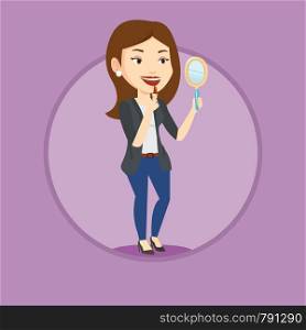 Smiling woman doing makeup and looking in hand-mirror. Woman rouge lips with red color lipstick. Young woman paints her lips. Vector flat design illustration in the circle isolated on background.. Woman rouge lips with red color lipstick.