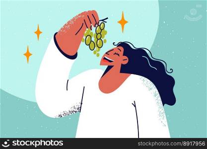 Smiling woman eating fresh grapes from branch. Happy girl enjoy fruits follow healthy lifestyle. Nutrition and diet. Vector illustration. . Smiling girl eating grapes 