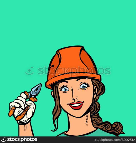 smiling woman electrician professional. Comic cartoon pop art retro vector illustration drawing. smiling woman electrician professional