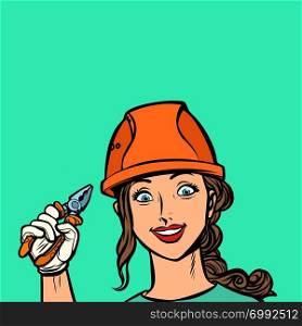 smiling woman electrician professional. Comic cartoon pop art retro vector illustration drawing. smiling woman electrician professional