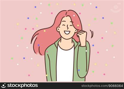 Smiling woman feel optimistic celebrate success. Overjoyed female stand in confetti enjoy win or victory. Vector illustration. . Smiling woman celebrate success 