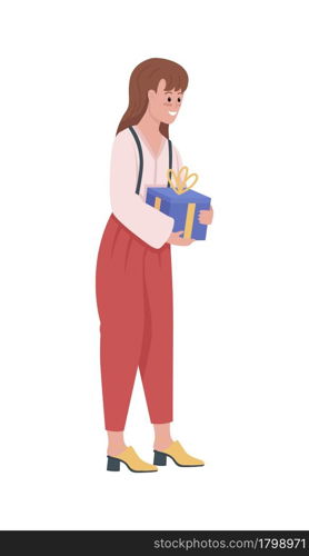 Smiling woman getting Christmas present semi flat color vector character. Full body person on white. Holding wrapped gift isolated modern cartoon style illustration for graphic design and animation. Smiling woman getting Christmas present semi flat color vector character