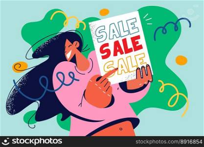 Smiling woman hold banner show sale or promotion advertising. Happy female buyer or customer point at discount or good deal ad poster. Vector illustration. . Smiling woman point at sale advertising 