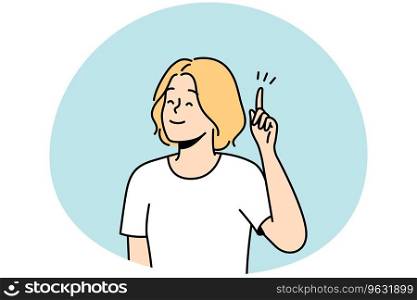 Smiling woman hold finger up generate creative idea or though. Happy female find answer or solve problem. Solution concept. Vector illustration.. Smiling woman find answer to problem
