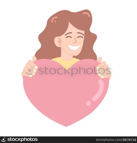 Smiling woman holding a heart. Girl gives a heart. Vector illustration