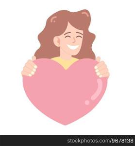 Smiling woman holding a heart. Girl gives a heart. Vector illustration
