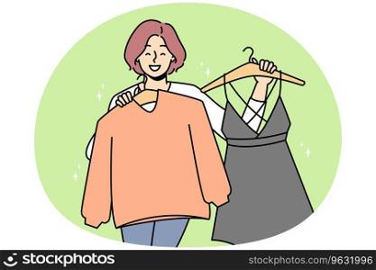 Smiling woman holding clothes on hangers choose what to wear. Happy female shopping for new clothing in mall or store. Vector illustration.. Smiling woman holding clothes on hangers