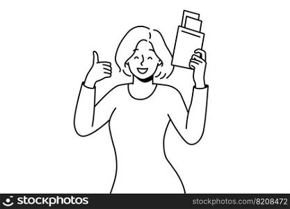 Smiling woman holding passport in hands excited about travel. Happy female traveler ready for summer vacation. Tourism concept. Vector illustration. . Smiling woman with passport in hands