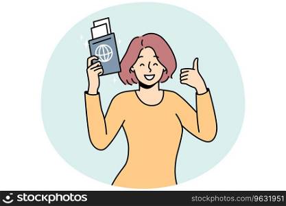 Smiling woman holding passport in hands excited about travel. Happy female traveler ready for summer vacation. Tourism concept. Vector illustration.. Smiling woman with passport in hands
