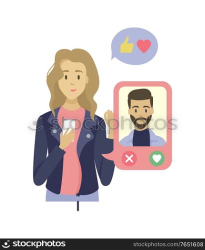 Smiling woman holding phone and using dating app, communication and online choosing of people, portrait view of female character with smartphone vector. Dating App in Phone, Profile of People, App Vector
