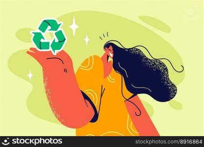 Smiling woman holding recycling logo in hands. Happy female volunteer or activist show care about nature conservation and planet protection. Vector illustration. . Smiling woman with recycling symbol in hands 
