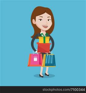 Smiling woman holding shopping bags and gift boxes. Happy caucasian woman carrying shopping bags and boxes. Girl standing with a lot of shopping bags. Vector flat design illustration. Square layout. Happy woman holding shopping bags and gift boxes.