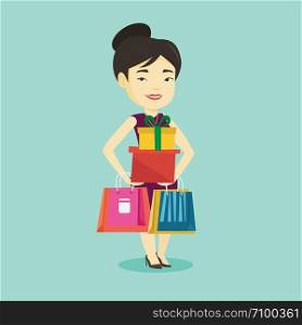 Smiling woman holding shopping bags and gift boxes. Happy asian woman carrying shopping bags and boxes. Girl standing with a lot of shopping bags. Vector flat design illustration. Square layout. Happy woman holding shopping bags and gift boxes.