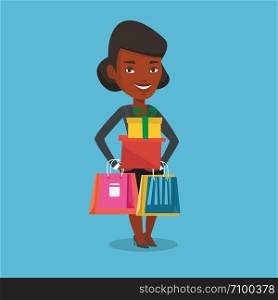 Smiling woman holding shopping bags and gift boxes. African-american woman carrying shopping bags and boxes. Girl standing with a lot of shopping bags. Vector flat design illustration. Square layout. Happy woman holding shopping bags and gift boxes.