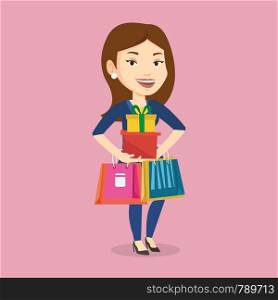 Smiling woman holding shopping bags and gift boxes. Happy caucasian woman carrying shopping bags and boxes. Girl standing with a lot of shopping bags. Vector flat design illustration. Square layout. Happy woman holding shopping bags and gift boxes.