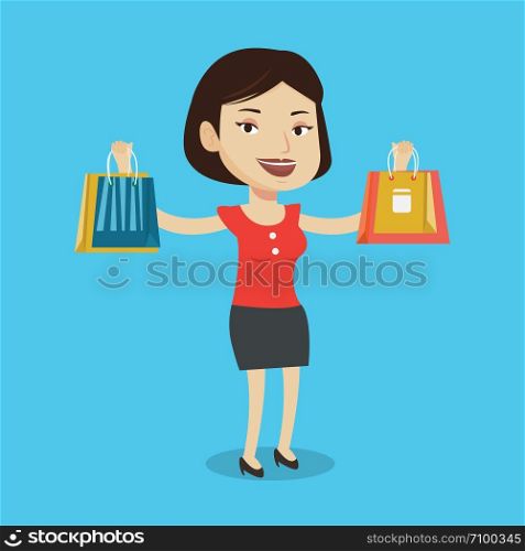 Smiling woman holding shopping bags. Happy caucasian woman carrying shopping bags. Girl standing with a lot of shopping bags. Girl showing her purchases. Vector flat design illustration. Square layout. Happy woman holding shopping bags.