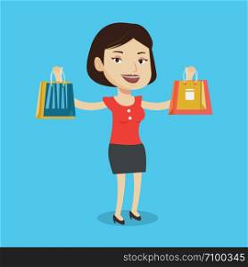 Smiling woman holding shopping bags. Happy caucasian woman carrying shopping bags. Girl standing with a lot of shopping bags. Girl showing her purchases. Vector flat design illustration. Square layout. Happy woman holding shopping bags.
