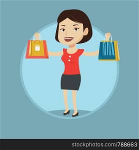Smiling woman holding shopping bags. Happy caucasian woman carrying shopping bags. Girl standing with a lot of shopping bags. Vector flat design illustration in the circle isolated on background.. Happy woman holding shopping bags.