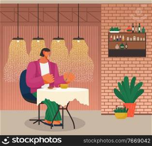 Smiling woman holding spoon sitting at table in restaurant. Happy female character eating donut and drinking beverage in cafe. Interior view of room with light, shelf with bottles and plant vector. Woman Eating Donut and Drinking in Cafe Vector