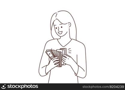 Smiling woman holding stack of money in hands excited with wealth. Happy female with cash overjoyed with lottery win and income. Vector illustration. . Smiling woman with cash excited with income 