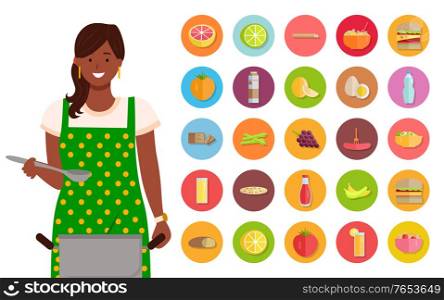 Smiling woman housewife in apron holding pan. Female chief and round stickers fruit, drink and burger symbol isolated on white. Person cooking, icon vegetable and fruit, porridge and egg vector. Chef with Pan, Sticker Product and Drink Vector