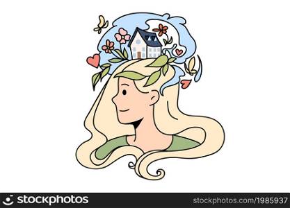 Smiling woman imagine visualize dreams or plans in head. Happy motivated dreamy girl engaged in process or creative thinking. Visualization, inspiration concept. Flat vector illustration. . Smiling woman visualize dreams in head