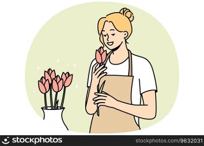 Smiling woman in apron with flowers in shop. Happy female florist working with roses composition in floral shop. Vector illustration.. Smiling florist working with flowers in shop
