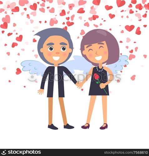 Smiling woman in clothes and man in suit, couple with wings. Boyfriend and girlfriend Valentine day. Boy holding and looking at girl with flower vector. Boy Holding Girl with Wings, Valentine Day Vector